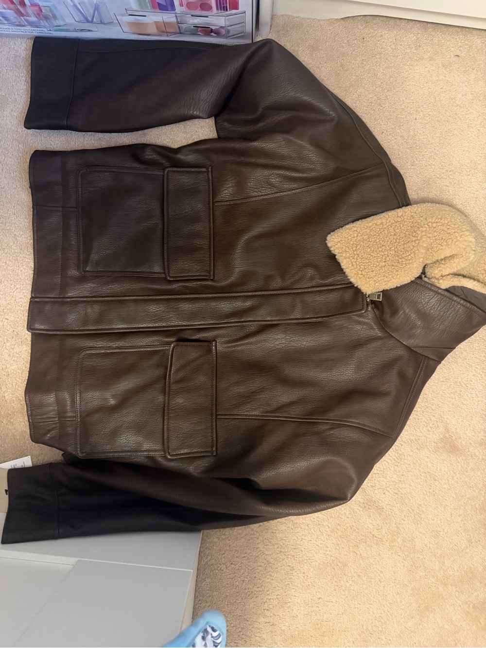 Levi's Dark Brown Leather Bomber Jacket with Cream Shearling Collar
